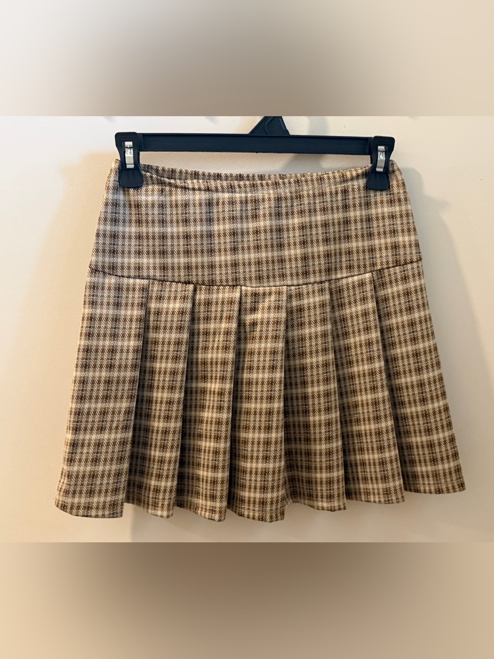 Beautees Plaid Pleated Skater Skirt in Brown and Cream
